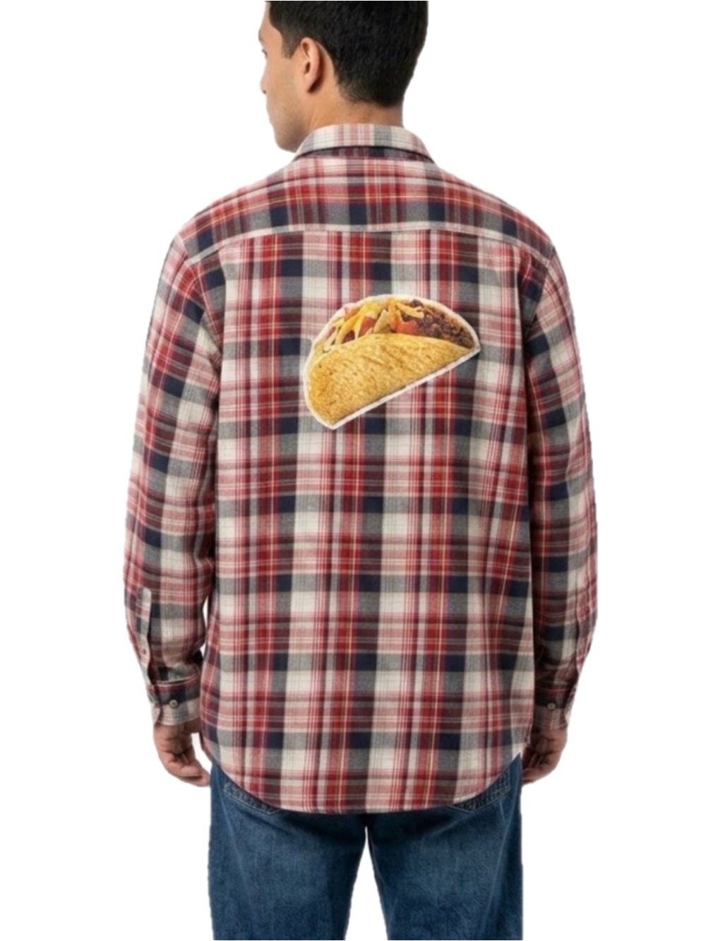 Upcycled “Taco Time” plaid shirt. L